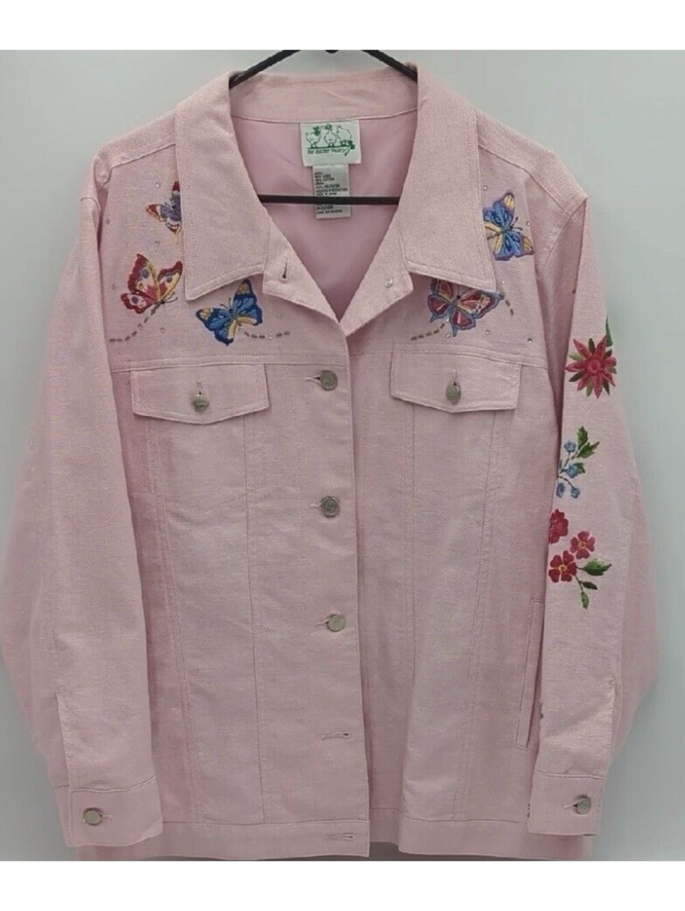 The Quaker Factory Embroidered Butterfly Pink Jean Jacket 1X Button Up Linen